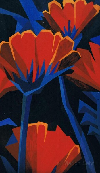 kein Titel 60 x 100 185kb.jpg - Rote Blüten auf blauem Hintergrund,  60 x 100, hier wurden die Farben in geometrische Formen übersetzt, die aber die Tiefe und Form der Blüten beibehalten...